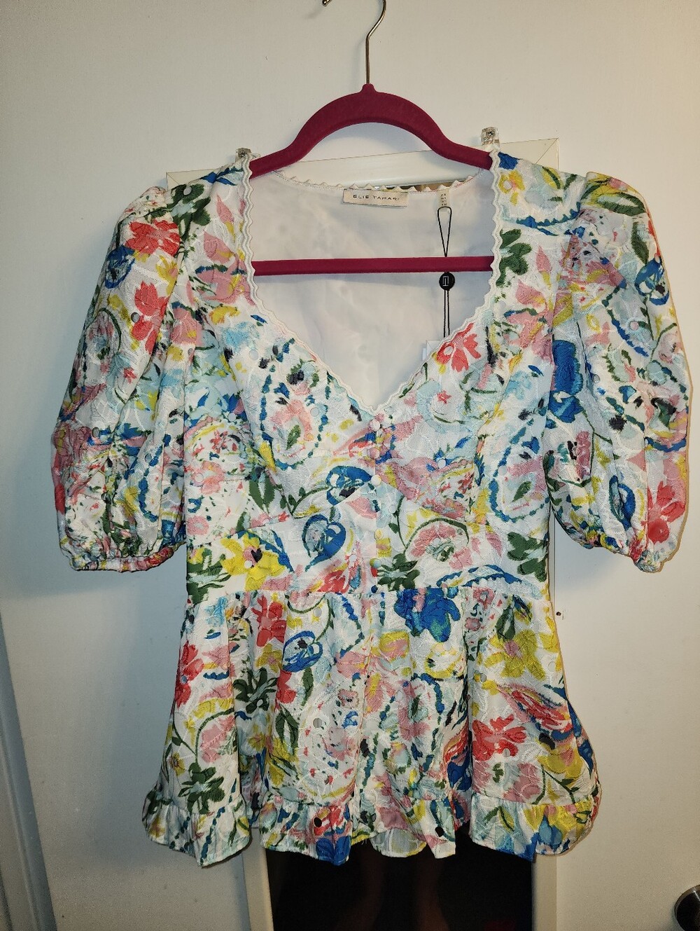 Elie Tahari White Multicolor Embroidery Floral Puff-Sleeve V-Neck Top NWT
